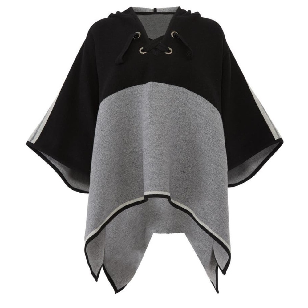 BA&SH Lady Cape Colorblock Poncho Black Grey Lace Up Neckline Wool OSFM Western